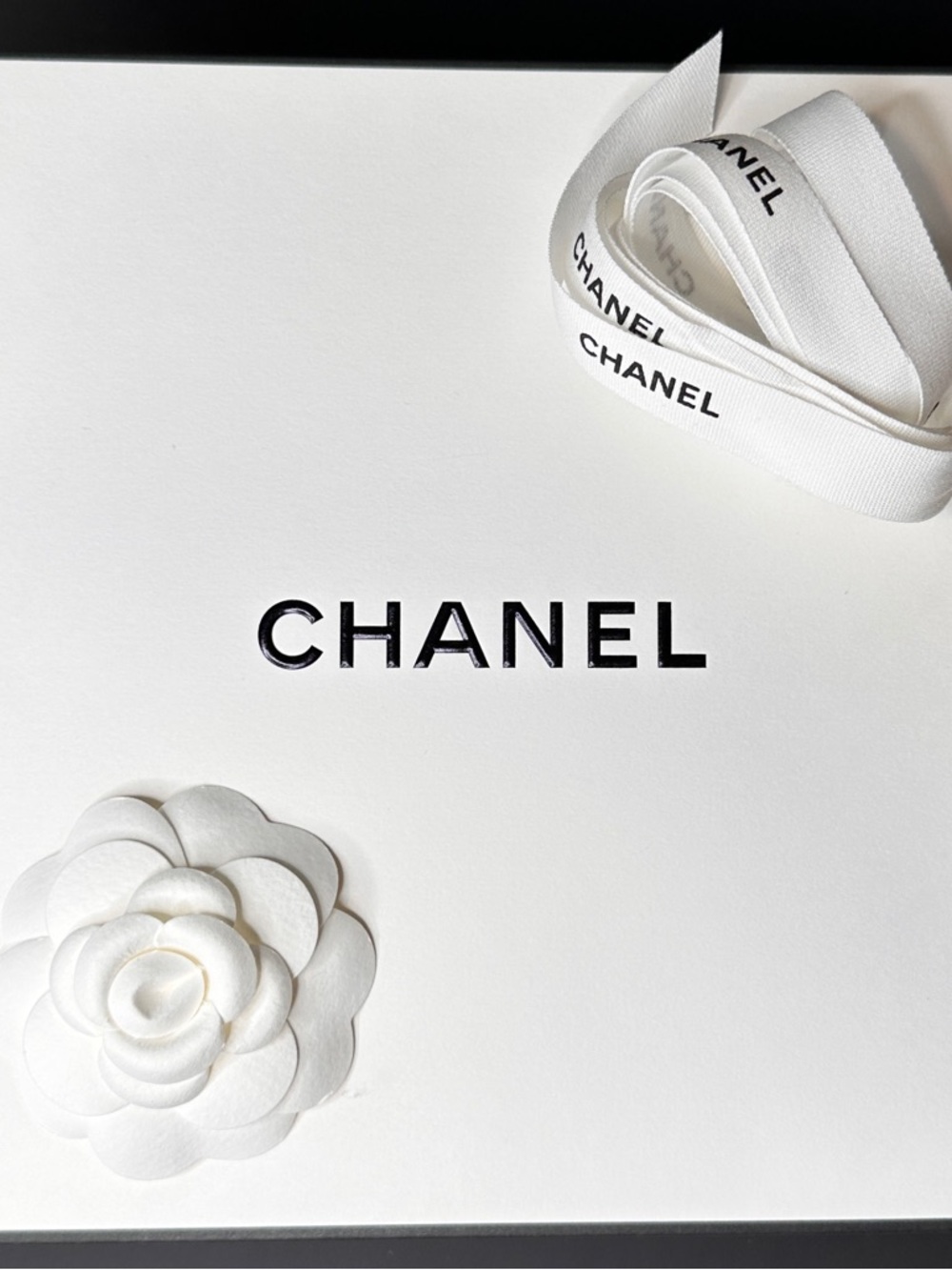 CHANEL Large Gift Display Storage Box with Camellia + Logo Ribbon. White & Black